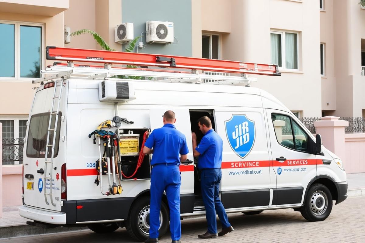 All Doha AC service van and technicians outside a residential building in Doha